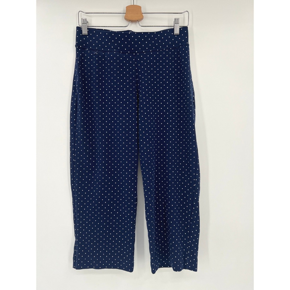 Lands End Starfish Knit Pants Women S Navy Blue Polka Dot Wide Leg Crop Capri